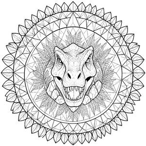 Detailreiches Dinosaurier-Mandala mit Farnblättern Bastelvorlage für junge Urzeitfreunde