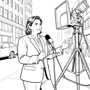 Professionelle Journalistin mit Mikrofon Malvorlage für malfreudige Nachrichtenreporter