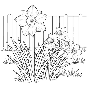 Zarte Narzissen am Lattenzaun Ausmalbild für mutige Gartenliebhaber