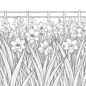Detailreiche Narzissen am Lattenzaun Bastelvorlage für kreative Blumenstaubler