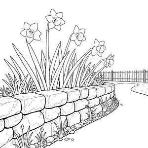 Idyllische Narzissen an Steinmauer Malvorlage für neugierige Gartenfreunde