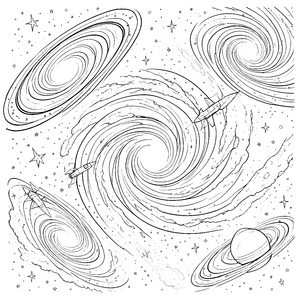 Spektakuläre Spiralgalaxien mit Raketen-Bastelvorlage für neugierige Weltraumreisende