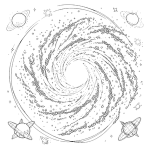 Beeindruckende Spiralgalaxie mit Planetenringen Malbild für kleine Himmelsbeobachter