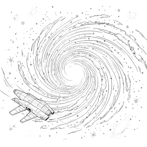 Faszinierende Spiralgalaxie mit Raumschiff Ausmalbild für junge Sternenbauer