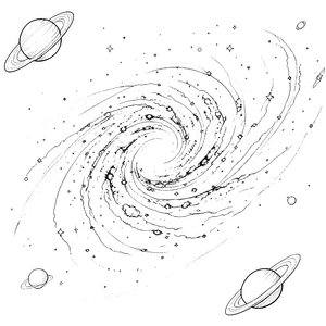 Spektakuläre Spiralgalaxie mit Planeten Bastelvorlage für malfreudige Weltraumfahrer