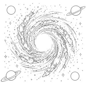 Beeindruckende Spiralgalaxie mit Riesenplaneten Ausmalvorlage für malfreudige Sternenreisen
