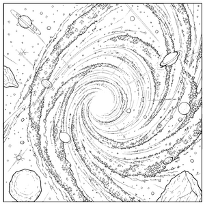 Faszinierende Spiralgalaxie mit Planeten Malbild für Weltraumträumer