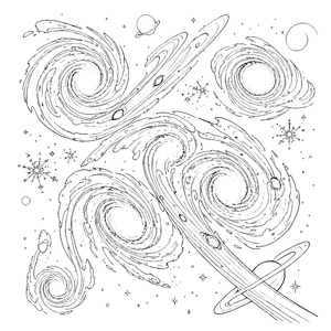 Prachtvolle Spiralgalaxien mit Planetenringen Ausmalvorlage für malfreudige Kosmosjäger