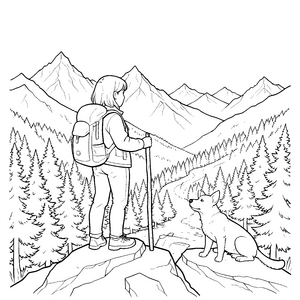 Abenteuerliche Wanderung mit Hund Malvorlage für junge Bergfreunde