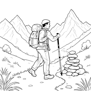 Spektakulärer Bergwanderer mit Rucksack Ausmalvorlage für Pfadfinder