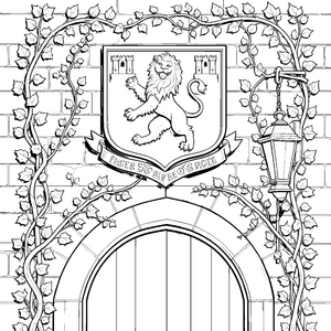 Prachtvolles Löwen-Ritterwappen mit Türmen Ausmalbild für fröhliche Schlossbesucher