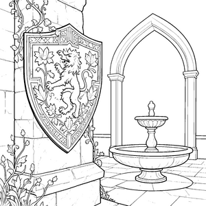 Prachtvolles Löwenwappen mit Brunnen Ausmalvorlage für verträumte Schlossgäste
