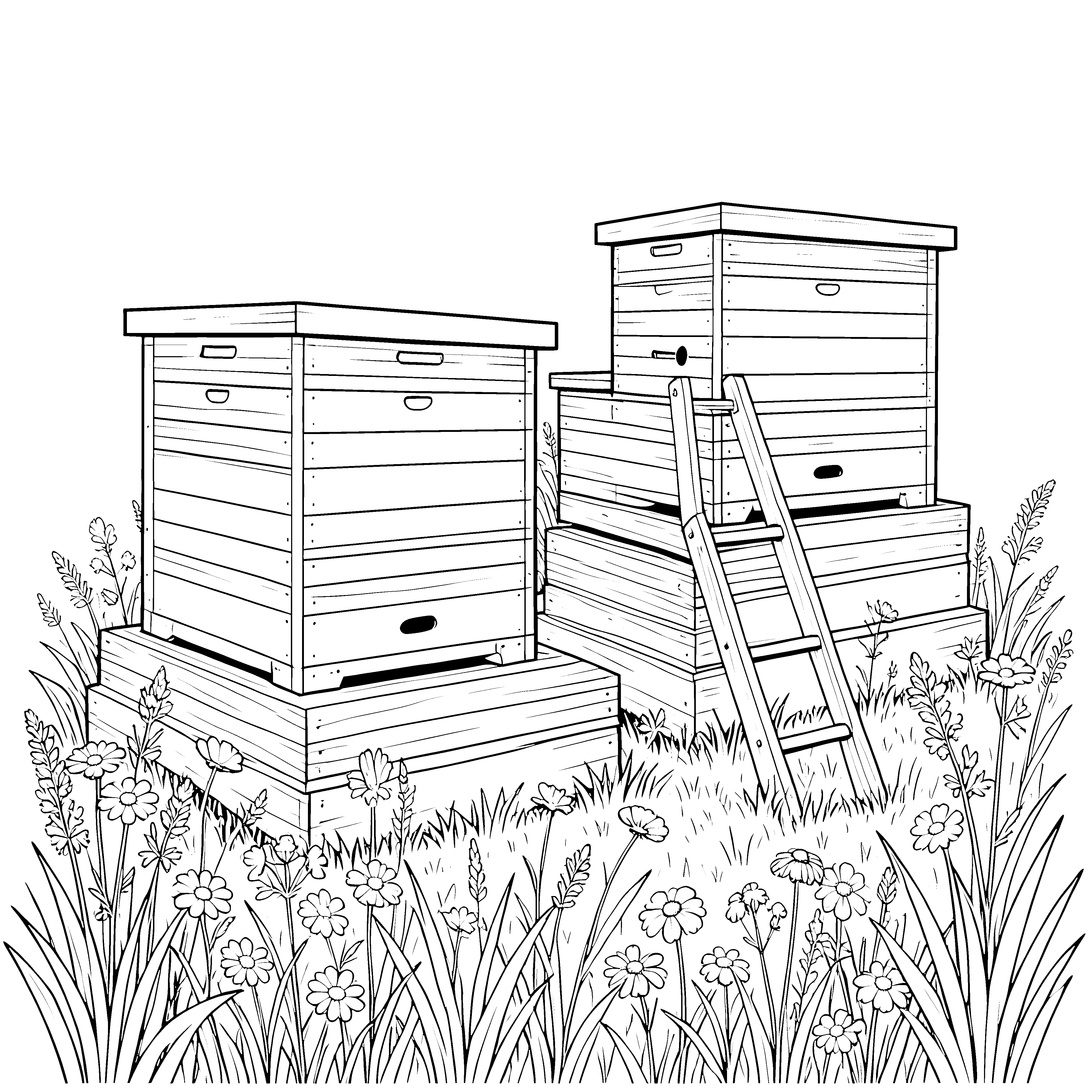 Idyllische Bienenstöcke mit Leiter Ausmalvorlage für neugierige Wiesenforscher