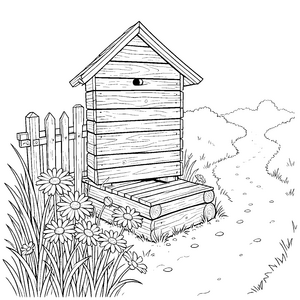 Rustikaler Bienenstock mit Lattenzaun Ausmalbild für mutige Gartenfreunde