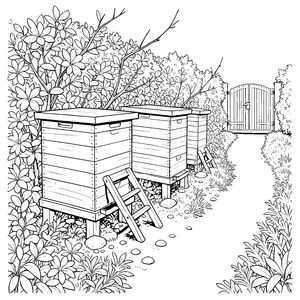 Heimelige Bienenstöcke mit Leitern Ausmalbild für kleine Naturforscher
