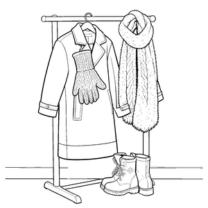 Gemütliche Strickhandschuhe am Mantel Ausmalvorlage für neugierige Winterkinder