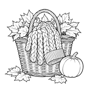 Herbstliche Strickhandschuhe im Korb Malbild für kreative Kürbisfans