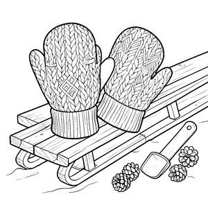 Winterliche Strickhandschuhe auf einem Schlitten Bastelmotiv für junge Schneefreunde