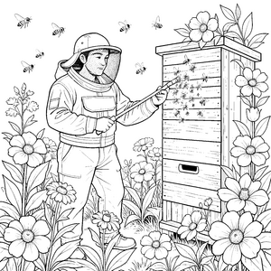 Beeutender Imker am Bienenstock Malbild für junge Naturfreunde