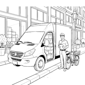Moderner Lieferwagen mit Fahrrad Malvorlage für Paketboten