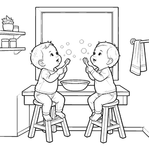 Verspielte Babys mit Zahnbürsten Bastelmotiv für kreative Badezimmerhelden