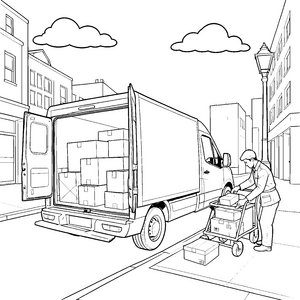 Beutelnder Lieferwagen mit Rollwagen Ausmalvorlage für fröhliche Paketboten