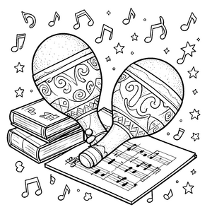 Verzierte Maracas auf Notenblättern Bastelmotiv für malfreudige Musikschüler