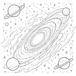 Beeindruckende Spiralgalaxie mit Planeten Malbild für kleine Sternenjäger