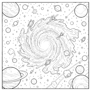 Spektakuläre Galaxie mit Raumschiffen Ausmalvorlage für mutige Sternenläufer