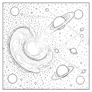 Prachtvolle Spiralgalaxie mit Planetenringen Ausmalbild für neugierige Weltraumreisende