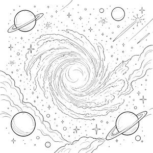 Weite Spiralgalaxie mit Planetenringen Ausmalbild für kleine Weltraumpioniere