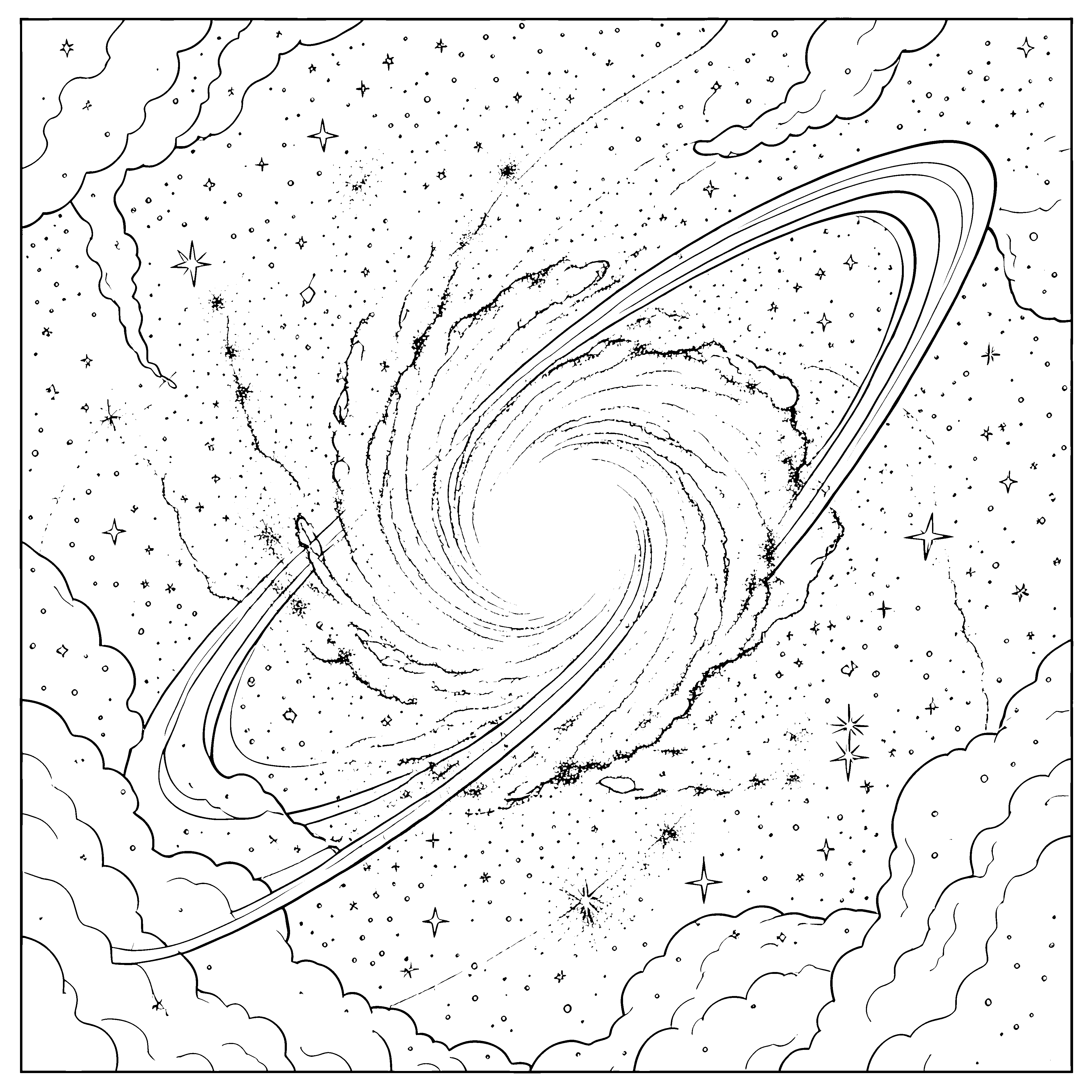 Magische Spiralgalaxie mit Planetenringen Malvorlage für kleine Sternenlaute