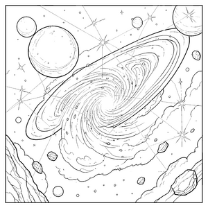 Spektakuläre Spiralgalaxie mit Asteroiden-Ausmalbild für kleine Kosmosforscher