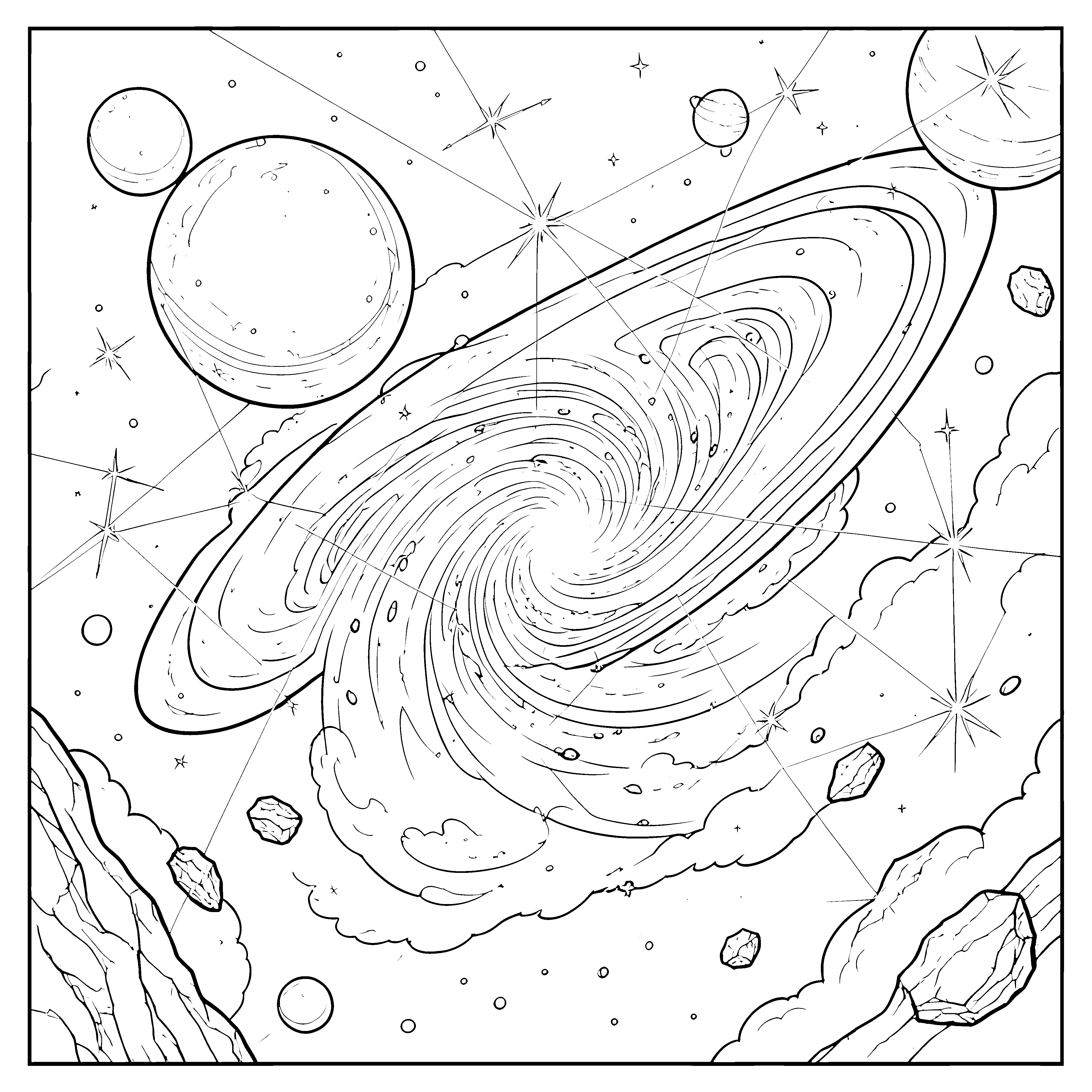 Spektakuläre Spiralgalaxie mit Asteroiden-Ausmalbild für kleine Kosmosforscher