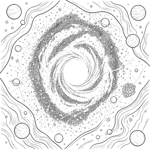Funkelnde Spiralgalaxie mit Planeten Ausmalvorlage für malfreudige Himmelsbeobachter