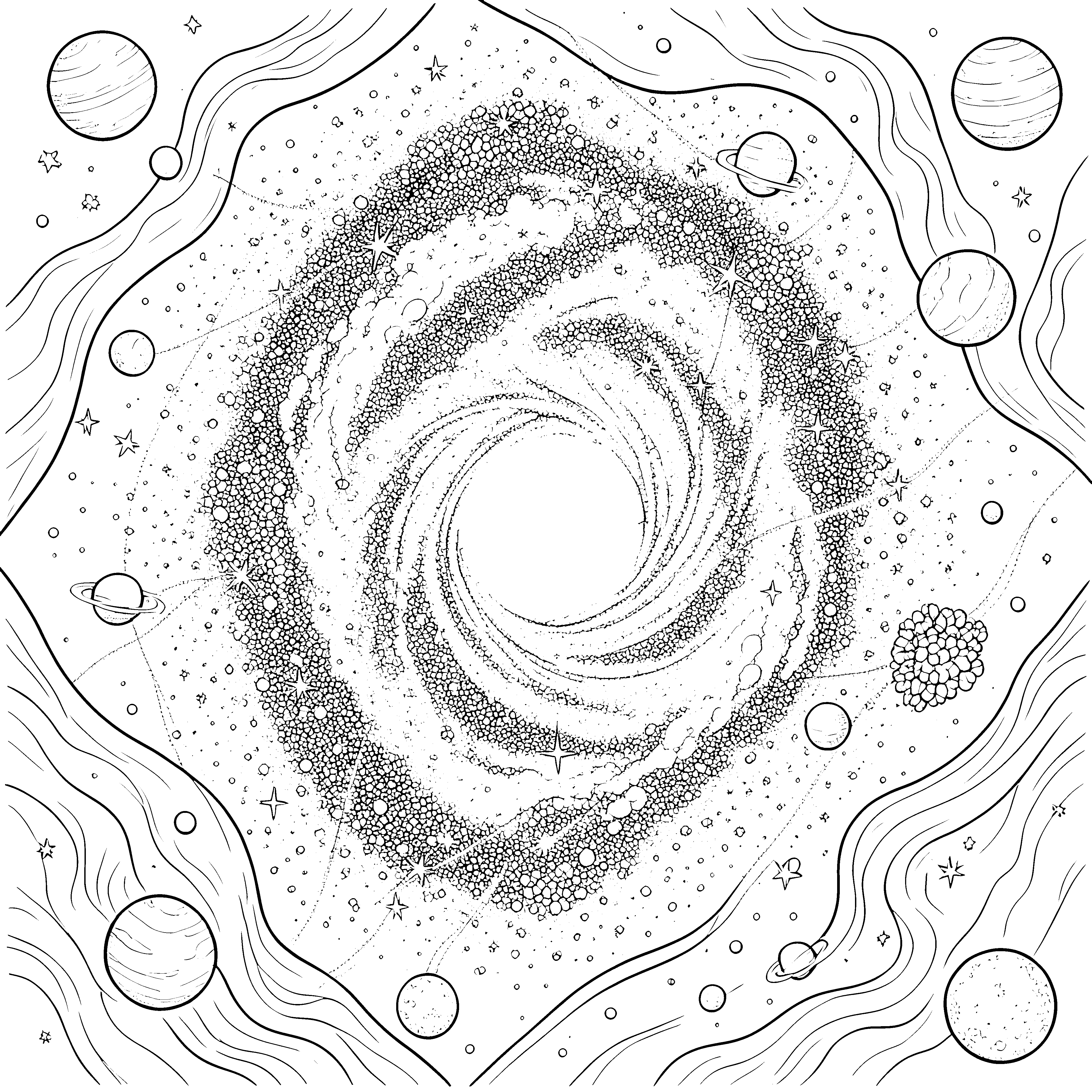 Funkelnde Spiralgalaxie mit Planeten Ausmalvorlage für malfreudige Himmelsbeobachter
