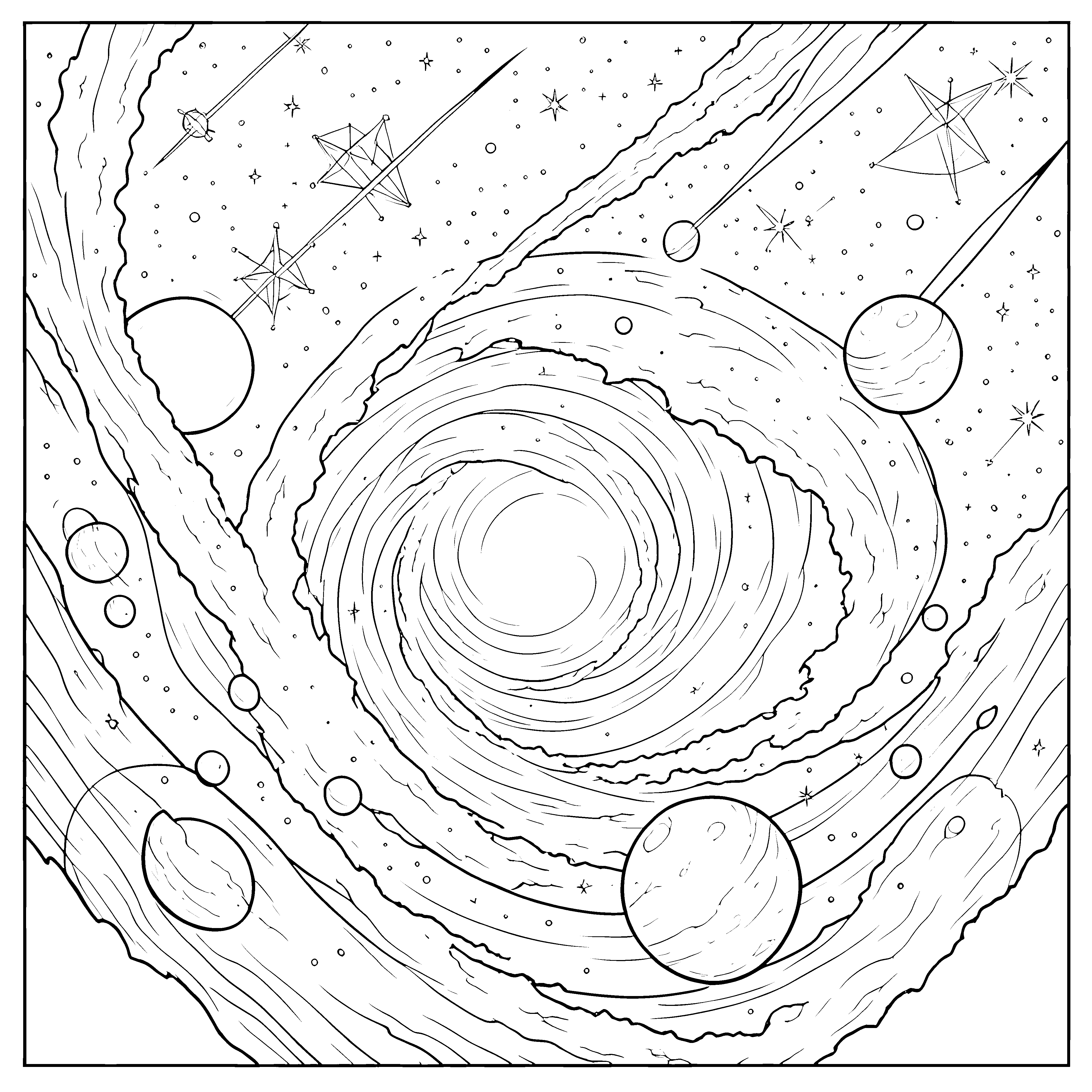 Faszinierende Spiralgalaxie mit Planeten Malbild für neugierige Himmelsbeobachter