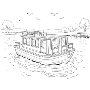 Idyllisches Hausboot mit Liegestühlen Bastelvorlage für Seeabenteurer