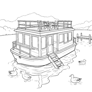 Sonniges Hausboot mit Enten Ausmalbild für kleine Wasserfreunde