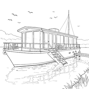Großes Hausboot mit Terrasse Bastelmotiv für Küstenwanderer