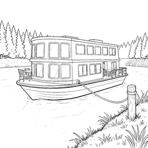 Großes Hausboot mit Terrasse Malvorlage für malfreudige Wasserliebhaber