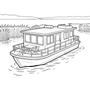 Gemütliches Hausboot mit Terrasse Ausmalvorlage für kreative Seeleute