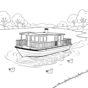 Spektakuläres Hausboot mit Enten Ausmalbild für verträumte Flussreisende