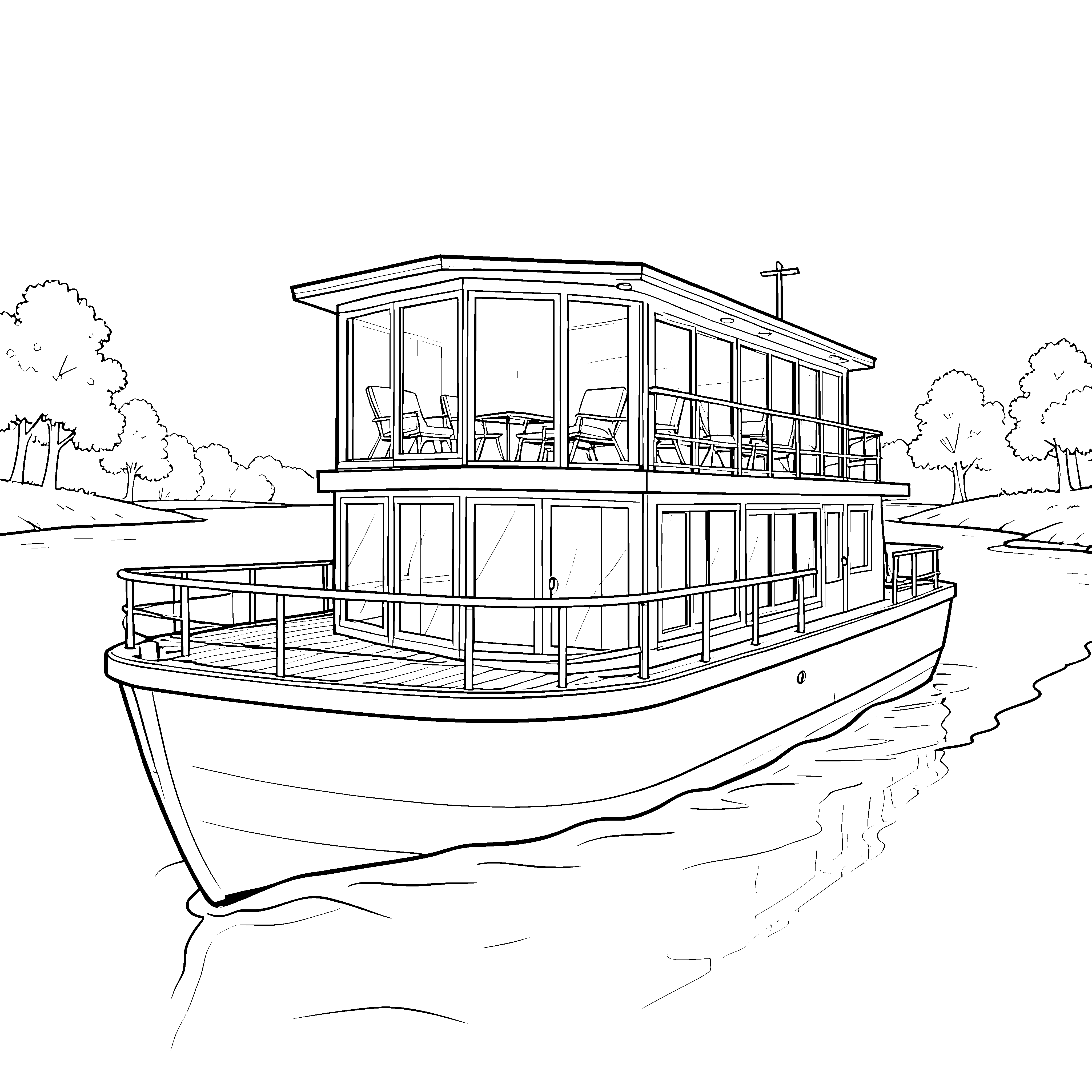 Modernes Hausboot mit Balkon Malbild für kleine Flussreisende