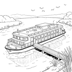 Idyllisches Hausboot mit Steg Ausmalbild für fröhliche Wasserfarbenfreunde