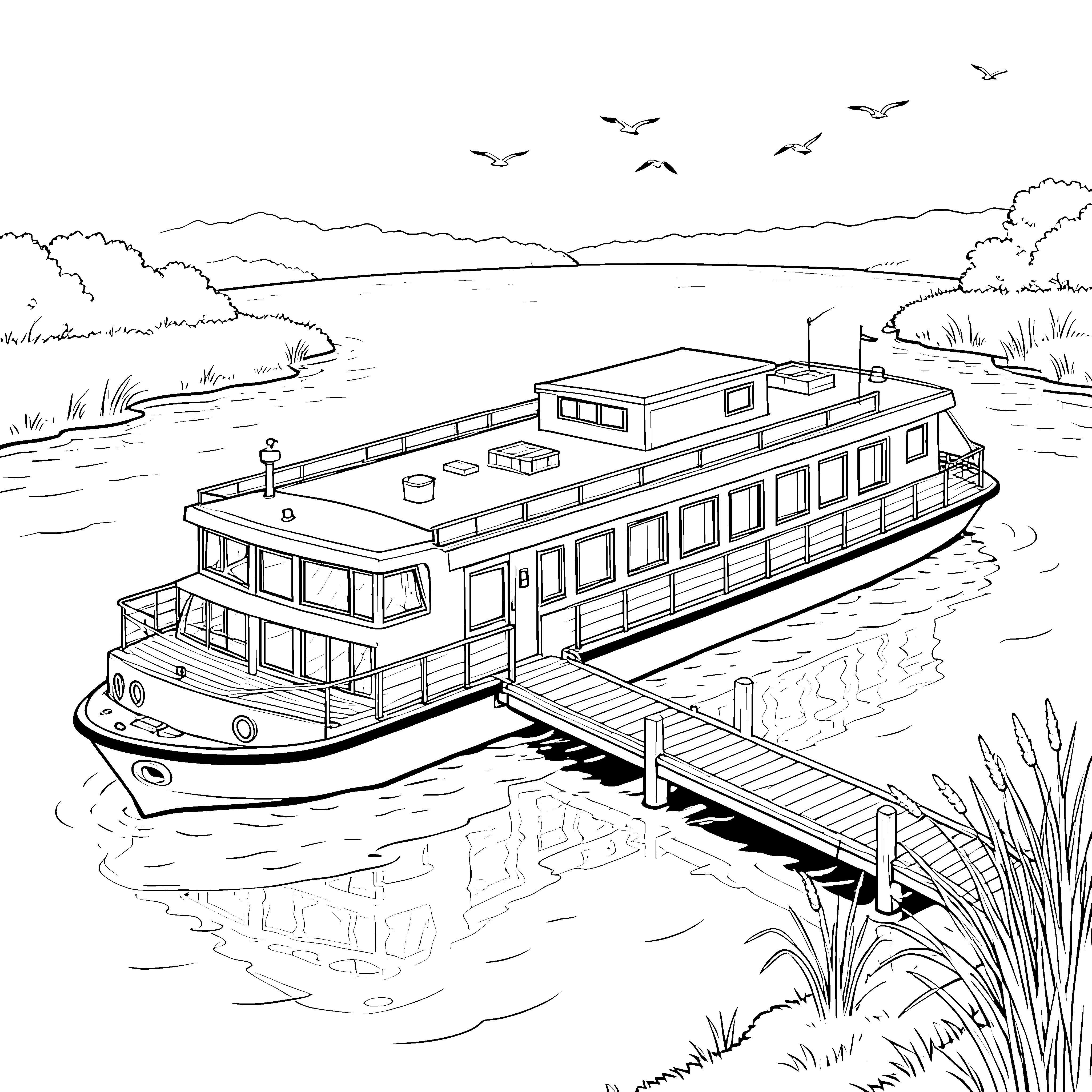 Idyllisches Hausboot mit Steg Ausmalbild für fröhliche Wasserfarbenfreunde