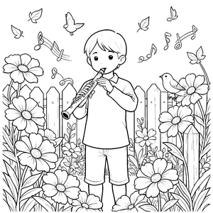 Idyllischer Querflötenspieler im Garten Bastelvorlage für verträumte Blumenkinder