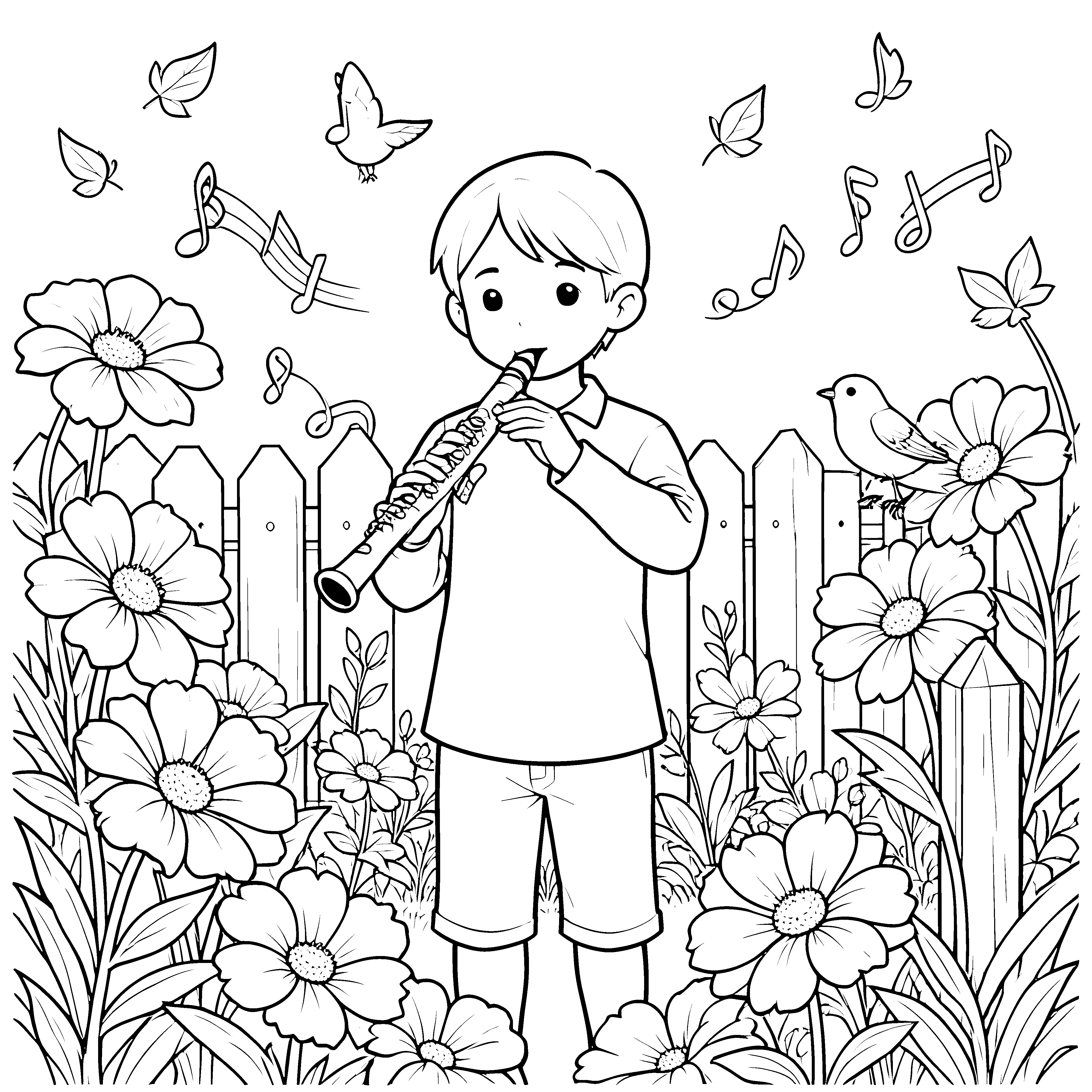 Idyllischer Querflötenspieler im Garten Bastelvorlage für verträumte Blumenkinder