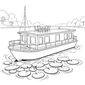 Idyllisches Hausboot mit Tischgarnitur Malvorlage für kleine Wasserliebhaber
