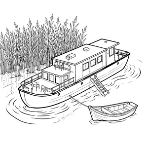 Abenteuerliches Hausboot mit Ruderboot Malvorlage für Wasserabenteurer